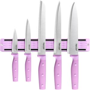 hecef Kitchen Knife Set with Magnetic Strip, 6 pcs Professional Knives Set for Kitchen, 13-inch Magnetic Strip Stainless Steel Sharp Chef Knife Set with Purple Handle for Cutting Meat & Vegetable