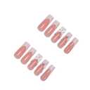 Bow Press on Nails Long Square False Nails with Colorful Rhinestone Design Pink French Tips Fake Nails Glossy Pink Stick on Nail Full Cover Summer Glue on Nail for Women Girls Manicure 24Pcs