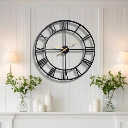 Vantic 24 Inch Large Wall Clock, Roman Numeral Metal Oversized Wall Clocks for Living Room Decor, Bedroom and Kitchen, Completely Silent, Non Ticking, Battery Operated