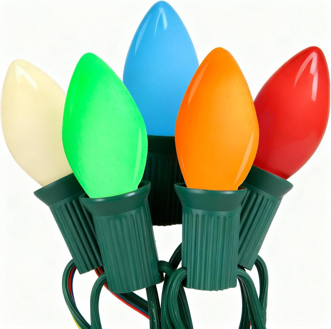 C7 Vintage Christmas Lights, 25Ft Ceramic Multicolor Christmas String Lights with 27 5W Glass Bulbs, Waterproof Connectable Christmas Decorations for House Roofline Backyard Wedding Holiday Party (Incandescent)