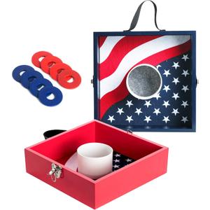 Washer Toss Game Set, Premium Wooden Outdoor Games for Adults and Family, Portable Pitching Target with 8 Steel Washers & Carry Handle, Patriotic Lawn Game for Backyard, Tailgating, Camping