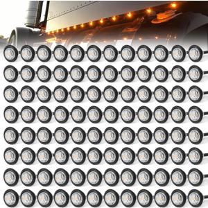 3/4" Round 3 LED Side Marker Clearance Lights Front Rear Top Marker Indicators Tail Light Waterproof for Trailer Truck Car Bus Van Pickup RV Wrangler ATV UTV (100Pcs Amber LED Lights Clear Lens)