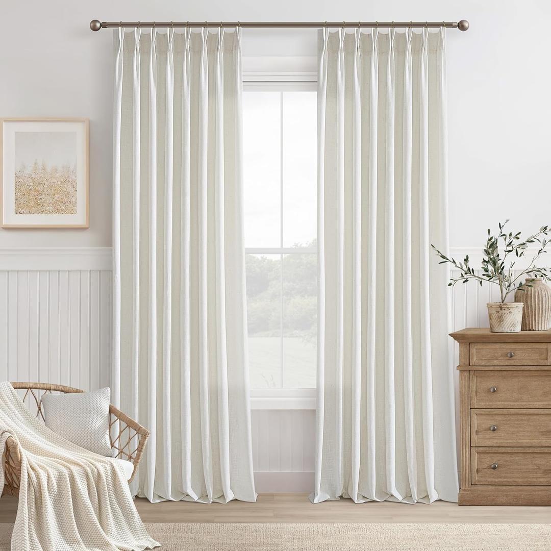 92 Inch Pinch Pleated Beige White Semi Sheer Curtains Light Filtering Neutral Boho Farmhouse Linen Curtains Rings Hooks for Living Room Bedroom Office Ivory Window Drapes 92 Inch Length 2 Panels Set