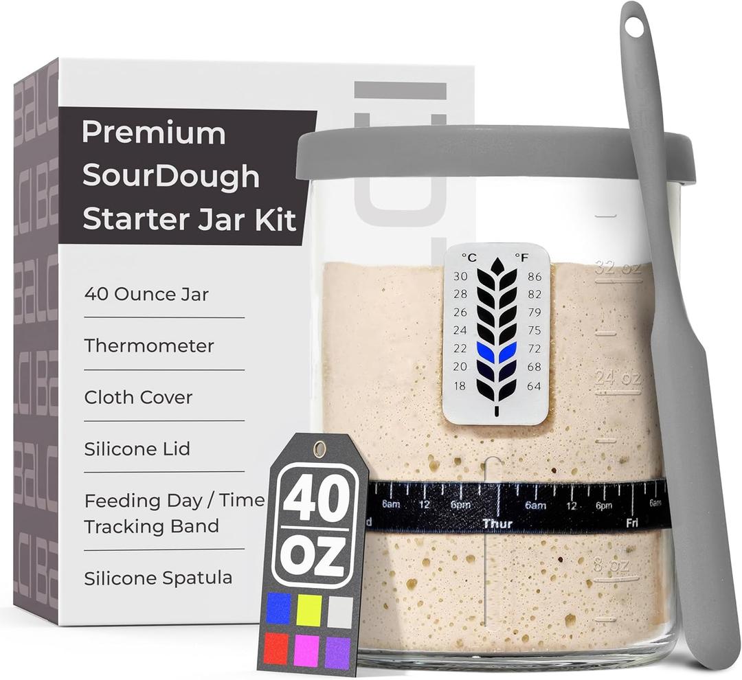 Premium Sourdough Starter Jar - 40oz Large Sourdough Jar with Marked Feeding Band, Scraper, Cloth Cover and Silicone Lid/Base, Wide Mouth Starter Kit - Grey
