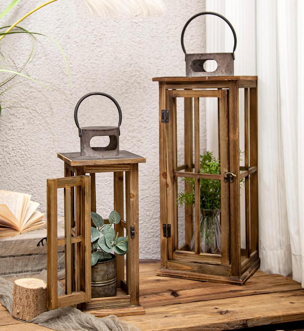 TIMRIS Large Farmhouse Wooden Metal Lantern Set of 2, Rustic Decorative Floor Candle Lanterns, Vintage Distressed Hanging Lanterns for Home Dcor (No Glass) (Brown)