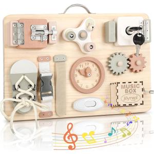 Joyreal Wooden Busy Board for Toddlers, Montessori Toys for 1 2 3 Year Old, Sensory Activity Board with Music Box & 12 Motor Skill Activities, Educational Travel Toys Gift for Boys Girls