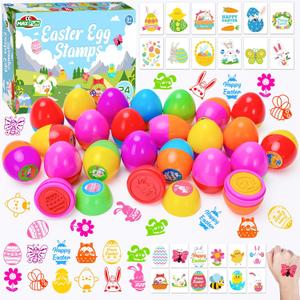 Max Fun 24pcs Easter Egg Stampers Prefilled Easter Egg Stamps with 24pcs Easter Stickers for Kids Easter Eggs Hunt Game Easter Basket Stuffers DIY Easter Crafts Fillers Goodies Bags Stuffers