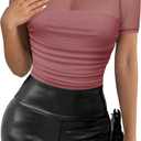 Women's Mesh Sexy Mock TurtleNeck Bodysuits Short Sleeve Shirt Ruched Sheer Body suit Summer Trendy Going Out Tops S 