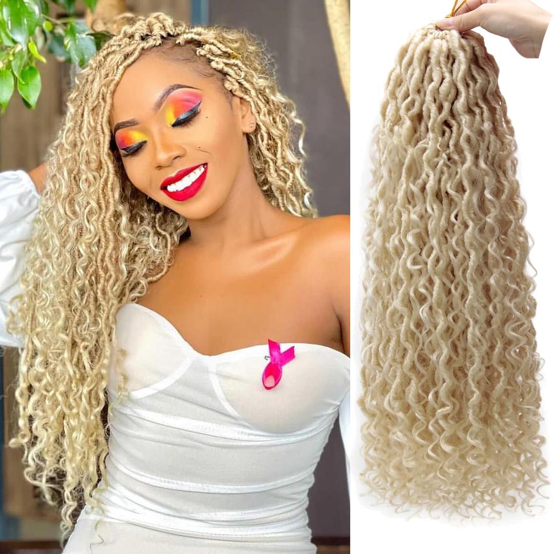 Goddess Locs Crochet Hair 18Inch 8Packs Boho Faux Locs,Blonde Crochet Locs With Curly Ends River Hippie Locs Bohemian Locs Crochet Hair(613#, 18inch(Pack of 8))
