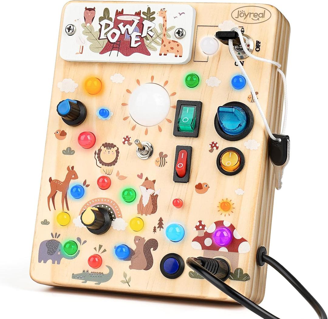 Joyreal Wooden Busy Board with LED Light, Montessori Toddler Toys, Wooden Sensory Board, Toddlers Activity Travel Toys for Boy & Girl Birthday Gift (Forest Theme)