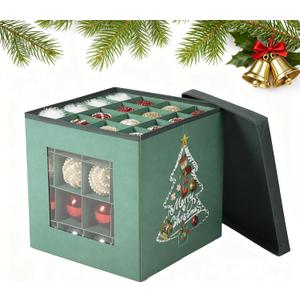 Christmas Ornament Storage Box with Lid - Holds 64 Ornaments, Large Sturdy & Foldable Organizer Case for Holiday Decor 11.8x11.8x11.8 Inch