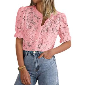 PRETTYGARDEN Womens 2026 Spring Lace Tops Short Puff Sleeve Casual Dressy Blouses Eyelet Crew Neck Button Down Shirts (Pink, Small)