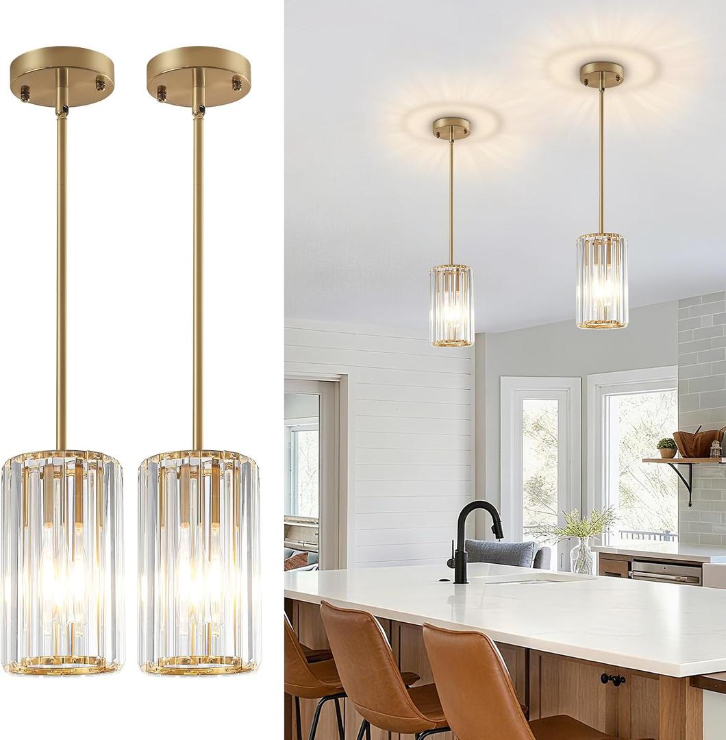 Gold Modern Crystal Pendant Lights Hanging Light Fixture, 2 Pack Pendant Lights Kitchen Island Adjustable Mini Pendant Lighting Fixtures for Kitchen Island Dining Room Hallway Bedroom