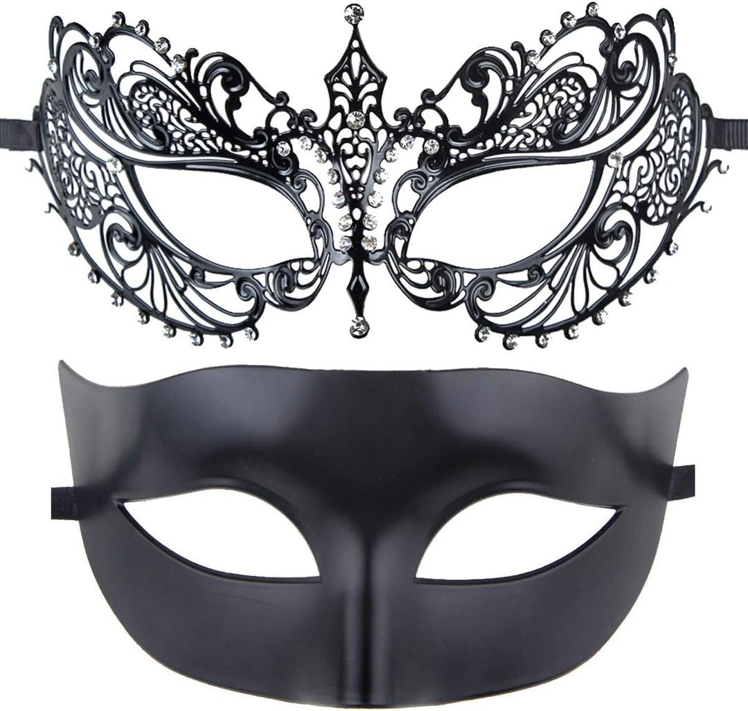 Couple Masquerade Mask Women Men Mardi Gras Halloween Ball Mask (Black+Black3)