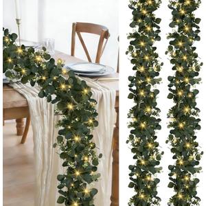 Eucalyptus Garland with Lights, 2 Packs 6FT Artificial Lighted Garland, Spring Summer Green Faux Garlands for Indoor Outdoor Home Decor Table Runner Wedding Arches Centerpieces Backdrops Decor