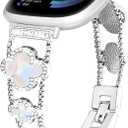 for Metal Bands, Compatible with Fitbit Versa 4/Versa 3/Fitbit Sense 2/Sense Band Smart Watch, Diamond Four Leaf Clover Stainless Watch Strap for Women (Iridescent/Silvery)