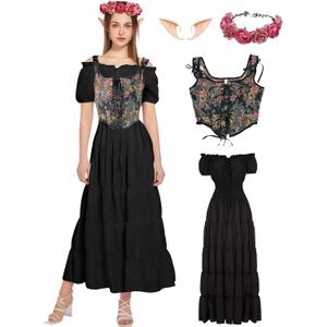kasahara Renaissance Dress Costume Women with Floral Overbust Corset Top Medieval Ren Faire Costume (L, Black)