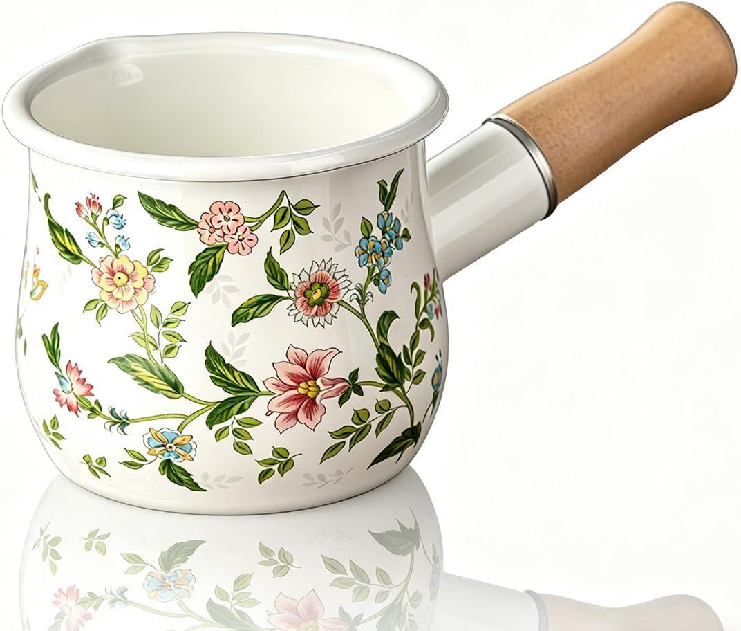 Milk Pot – Small Sauce Pan with Butter Warmer, Enamel Pot Mini Pot for Milk Boiling, Mini Saucepan for Single Serving