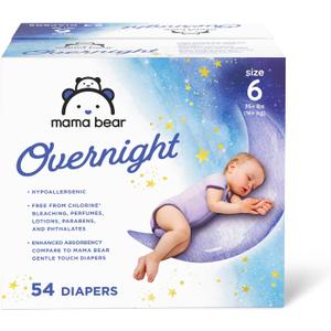 Amazon Brand - Mama Bear Overnight Disposable Baby Diapers, Hypoallergenic, Size 6 (54 count), Night Time Protection, White