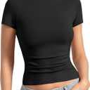 Womens Basic Non See ThroughT Shirts Crew Neck Crop Tops Double Lined Short Sleeve for Workout Compression Tee Y2K (Black, S)