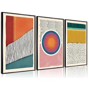 Set of 3 Framed Boho Wall Art Mid Century Modern Wall Decor Posters Abstract Color Block Geometric Canvas Paintings Prints Colorful Simple Line Pictures for Living Room Bedroom Home Decoration
