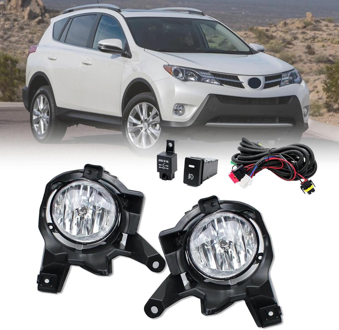 Fog Lights Assembly Compatible With 2013 2014 2015 RAV4 Clear Fog Lights KIT Assembly with Wiring Harness& Switch, H16 12V 19W Halogen Bulbs Clear Lens