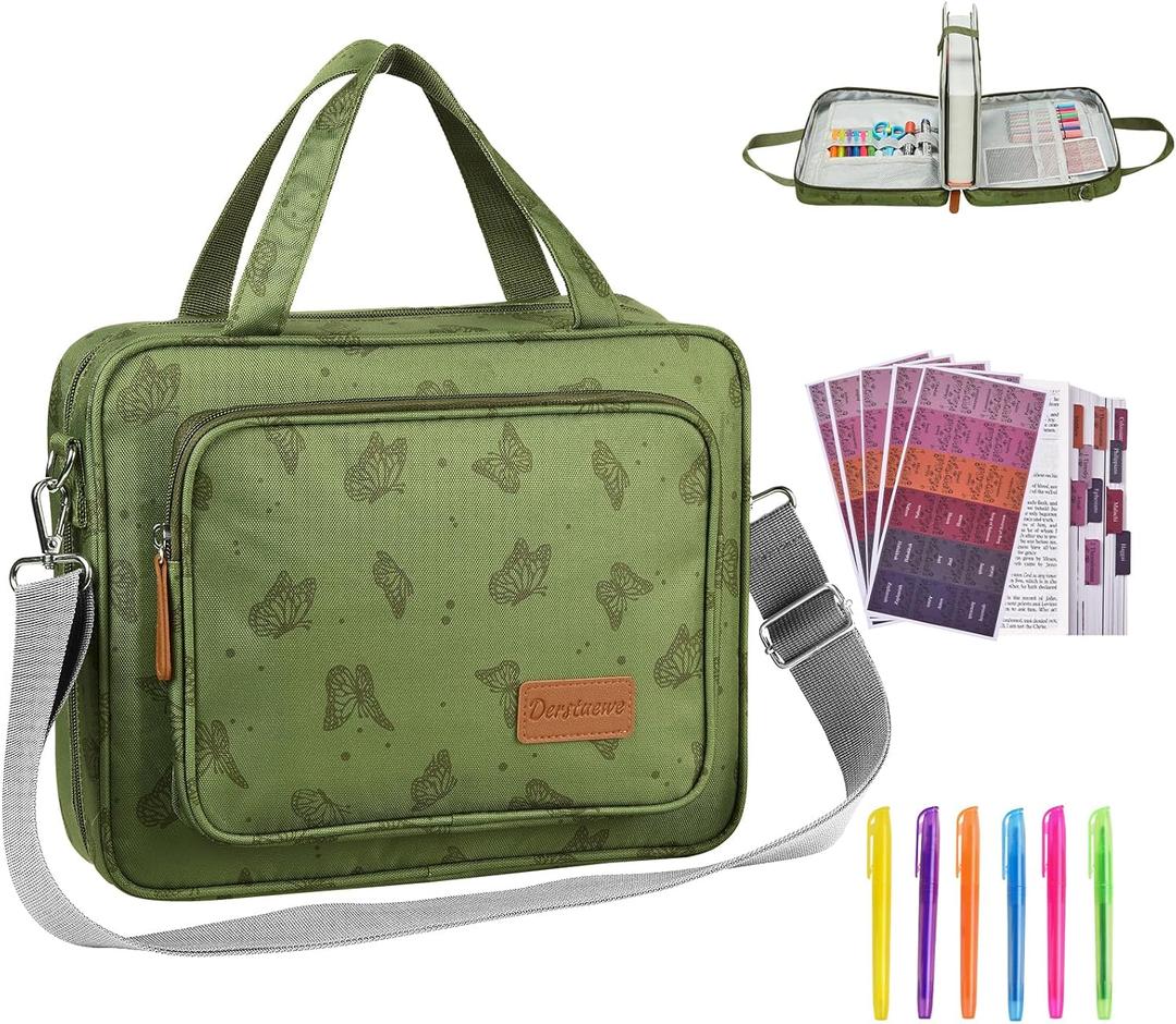 Bible Cover Case Deluxe with Gift Box - Water-Resistant Bible Cover Crossbody Bag for Large Print Bibles, Complete Study Kit with Bookmarks, Pens & Stickers, Green Butterfly