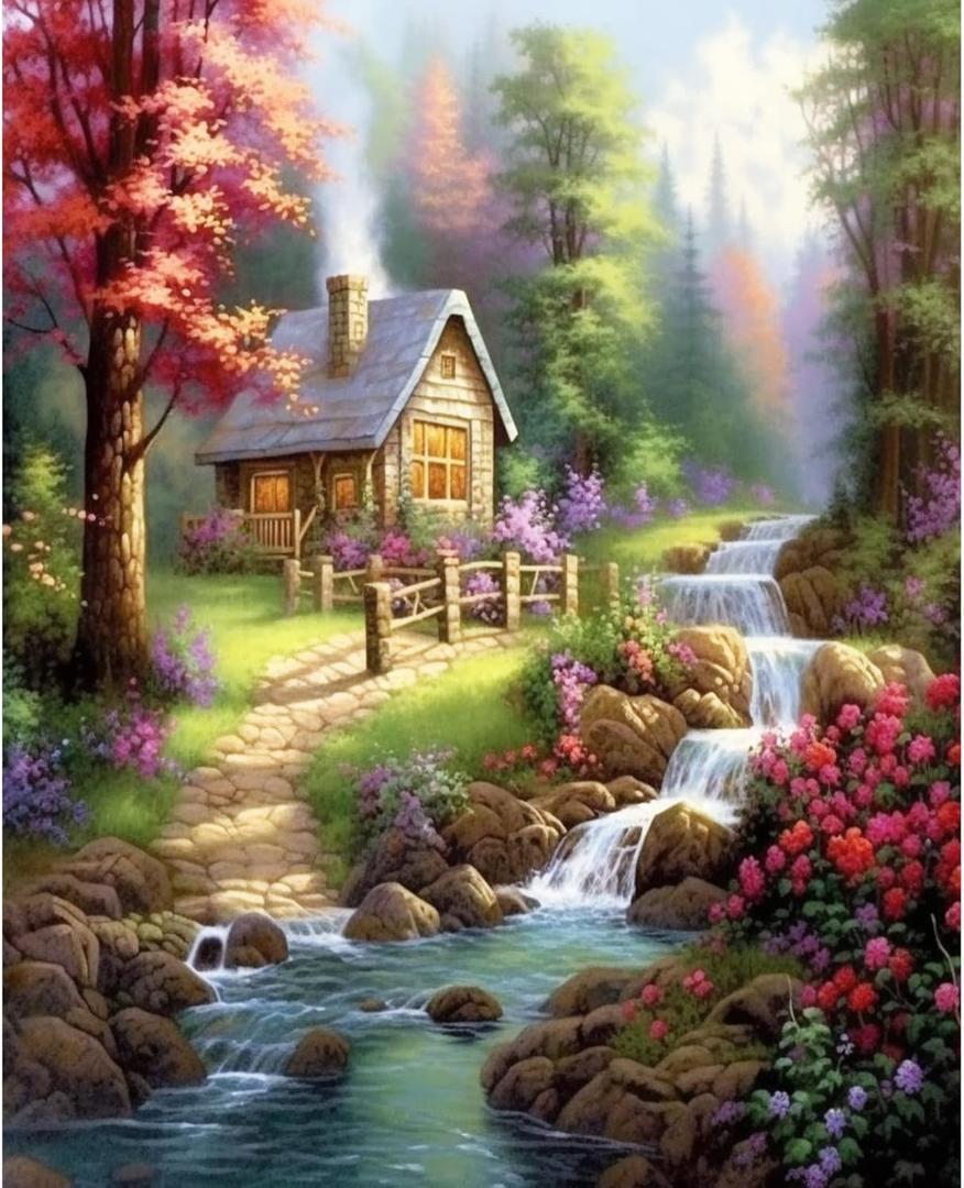 Tucocoo Wildflower DIY Paint by Number for Adults, Rustic House Digital Oil Painting Kits on Canvas with Brushes and Acrylic Pigment Forest Waterfall Picture for Home Decor Gifts 16x20inch Frameless (Artwork-04)