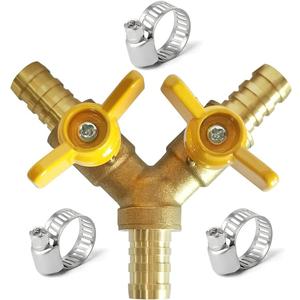 Uenede Brass 1/4 Inch 3-way Y-shaped Shut-off Ball Valve with 2-switch 1/4" Hose Barb Include 3 Stainless Steel Clamps Hose Pipe Barb Fitting for Water/Oil/Gas