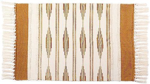 Okuna Outpost Mustard Yellow Bohemian Bathroom Rug with Tassels - Low Pile Handmade Bath Mat - Bohemian Decor - Bathroom Rugs 23.6 x 35 Inches