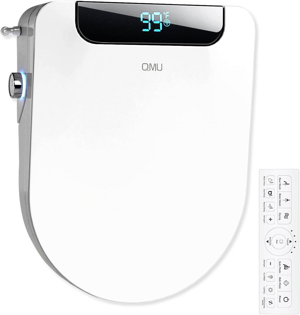 Electric Bidet Toilet Seat Round - Smart Heated Toilet Seat with Remote Control, Instant Warm Water, Self-Cleaning Nozzle, Warm Air Dryer, Feminine Wash, Soft Close, LED Display