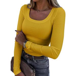 Roselux Womens Long Sleeve Scoop Neck Ribbed Knit Fitted Casual Tops Tee Slim Basic Shirts M