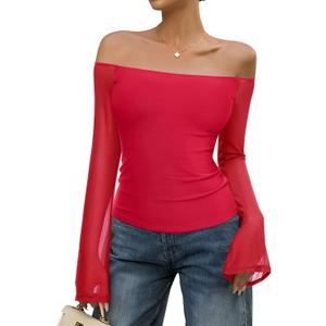 REORIA Off The Shoulder Tops for Women Tube Double Lined Mesh Going Out Shirts 2025 Fall Fashion Trendy Tops (Large, Red)
