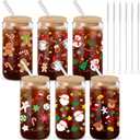 Potchen 6 Set Christmas Glass Cup Gift 16 oz Xmas Drink Cup Bulk with Bamboo Lid Straw Brush Snowman Snowflake Coffee Mug Santa Claus Jar Winter Tumbler favor for Team Staff Employee Appreciation