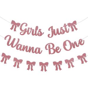 Girls Just Wanna Be One Banner - Girls First Birthday Decorations, Pink Bow 1st Birthday Banner for Kids 1st Bday Anniversary Party, Girl Just Wanna Be One Bday Party Supply Rose Gold Glitter