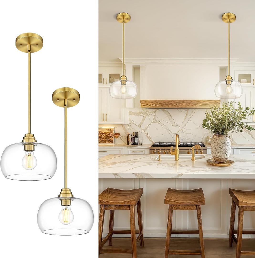 AUTELO 2 Pack Gold Pendant Lights, Glass Pendant Lights Kitchen Island with Clear Drum Glass, Industrial Pendant Ceiling Lights with Adjustable Rods for Kitchen Dining Room Bar, H9385 BG-R-2PK