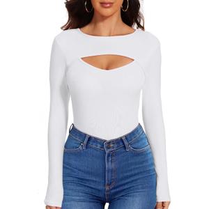 Sexy Cut Out Long Sleeve Tops for Women, Round Neck Ribbed Knit Fitted Tee T-Shirt,Open Chest Design for Going Out Tee (White)