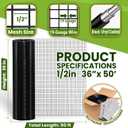Black Hardware Cloth1/2 inch 36 inch x 50 Foot 19 Gauge, PVC Coated Welded Wire Mesh Roll, Heavy Duty Metal Mesh with Square Grid,Fencing Roll for Chicken Coop Barrier, Rabbit Cage, Snake Fence
