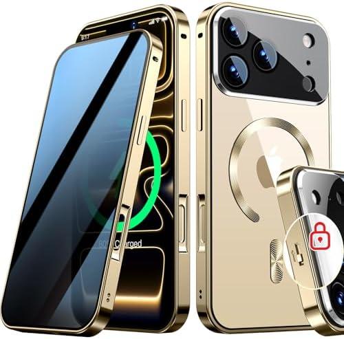 SIYUKBM [Full Camera Protection& Mechanical Lock] Magnetic Privacy Case for iPhone 17 Pro [Compatible with MagSafe] [CD Metal Ring] Full Body Shockproof Metal Bumper, 9H Anti Peeping Glass Cover-Gold