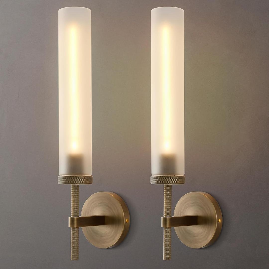 Brass Hardwired Frosted Glass Bathroom Wall Sconces 2 Pack, Modern 20'' Indoor Knurled Wall Sconce, Glass Vanity Light, for Living, Bedroom, Hallway, Staircases,Bulb Included