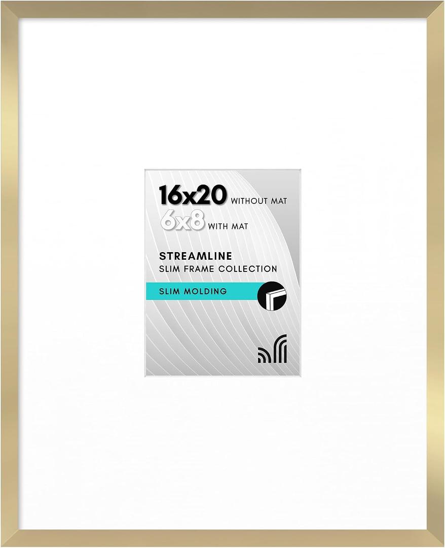 Americanflat 16x20 Picture Frame with Polished Plexiglass - Use as 6x8 Frame with Mat or Display 16x20 Photo Without Mat - Streamline Collection - Thin Border Picture Frames for Wall - Gold