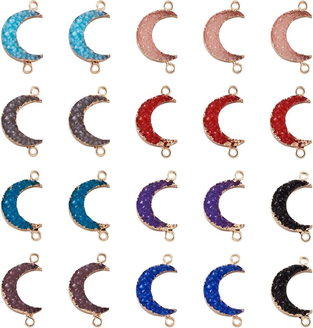 FASHEWELRY 50Pcs Resin Druzy Moon Luna Crescent Pendant Links Mixed Colors Double Loops Faux Quartz Stone Charms Connectors 26-28x15-16mm for Jewelry Craft Making
