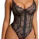 SHAPELLX Lace Bodysuit for Women Tummy Control Shapewear Bodysuit for Women Thong V Neck Sleeveless Backless Body Suit L