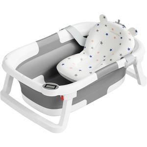 Collapsible Baby Bathtub,Baby Bath Tub with Soft Cushion & Thermometer,Baby Bathtub Newborn to Toddler 0-36 Months,Portable Travel Baby Tub (Gray)