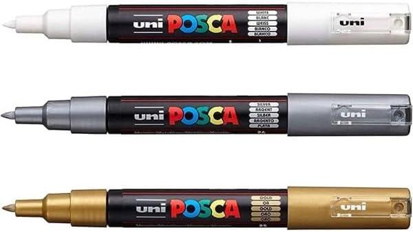 Authentic Posca Marker Set, 3 White, Gold, & Silver Professional Grade Posca Paint Markers with 1M Extra Fine Tip