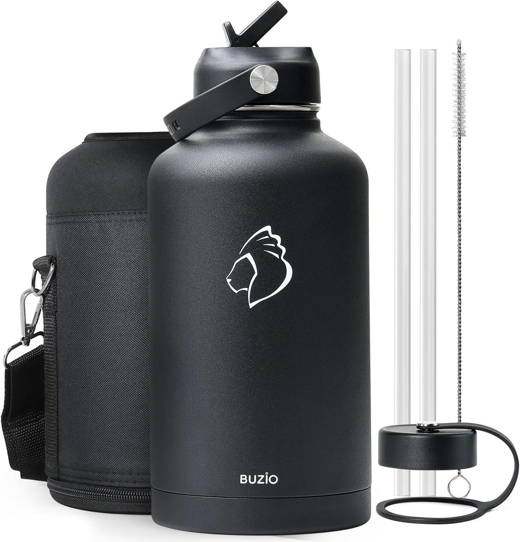 BUZIO Vacuum Insulated Stainless Steel Water Bottle 64oz (Cold for 48 Hrs/Hot for 24 Hrs) BPA Free Double Wall Travel Mug/Flask for Outdoor Sports Hiking, Cycling, Camping, Running (Black)