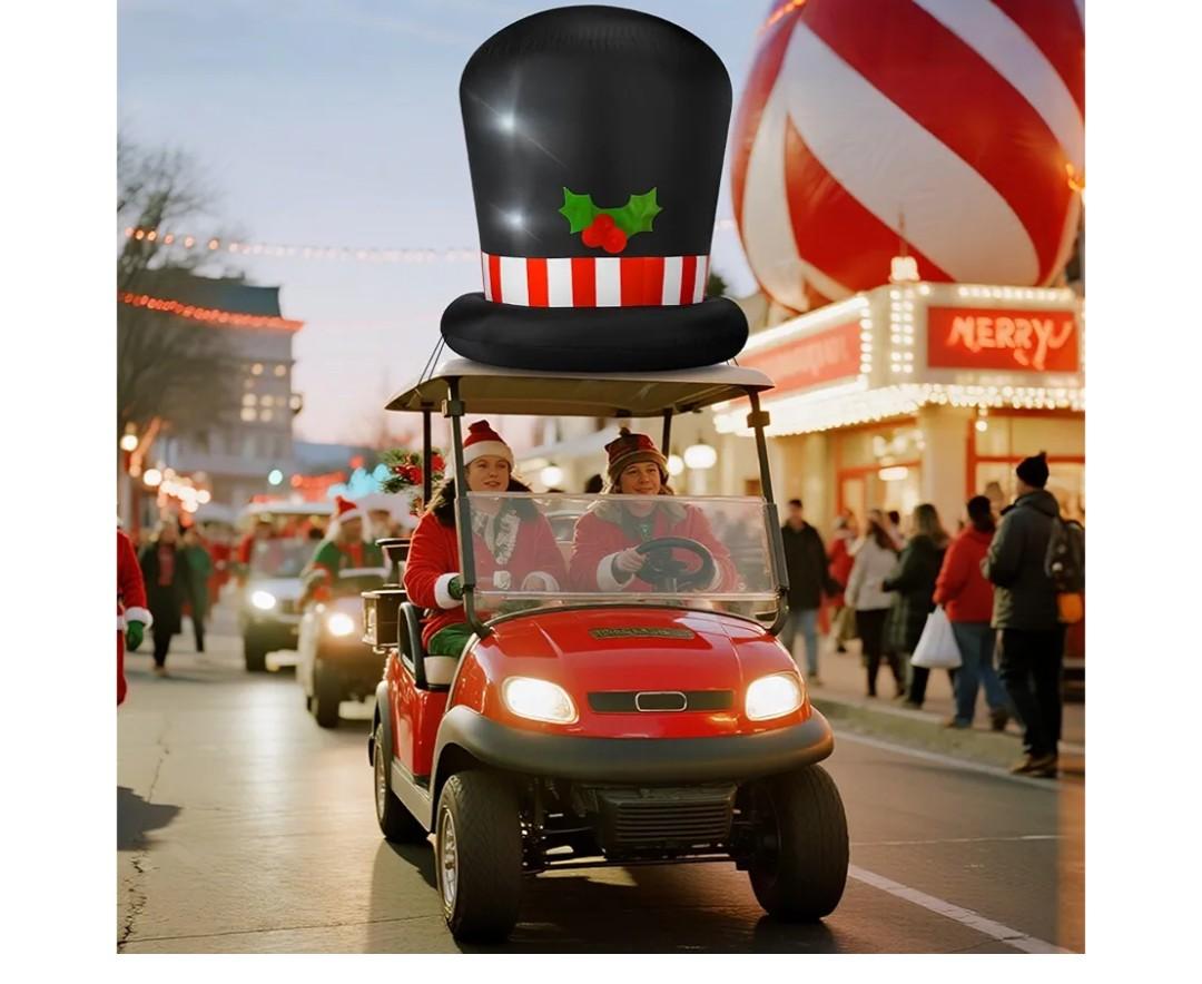 4.27 x 3.94 ft Large Inflatable Christmas Golf Cart Decoration with LED Light Outdoor Black Christmas Blow Ups Santa Hat for Car Golf Cart Decor Xmas Holiday Vehicle Accessories Yard Garden