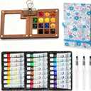 Mini Portable Watercolor Palette Set-Grid Paint Box with Binder Clips Include 24 Colors Paint - Brush*3 and Picture Album Art Materials Coloring Markers for Travel, Creative Drawing Kit for Beginners and Art Enthusiasts(Blue Wood-L)