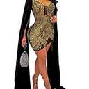 Women’s Mesh See Through Bodycon Party Midi Cloak Long Sleeve Cape Club Night Out Dress(K2203-Gold-2XL)