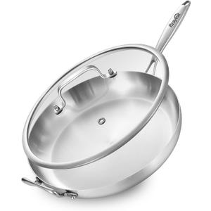 14-Inch Tri-Ply Stainless Steel Frying Pan with Lid & Detachable Handle - Induction Compatible Skillet, Oven & Dishwasher Safe, Ideal for Frying, Sautéing & Simmering